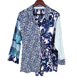 Habitat Womens Sz Large Blue Wearable Art Crinkle Long Sleeve Blouse Shirt Top